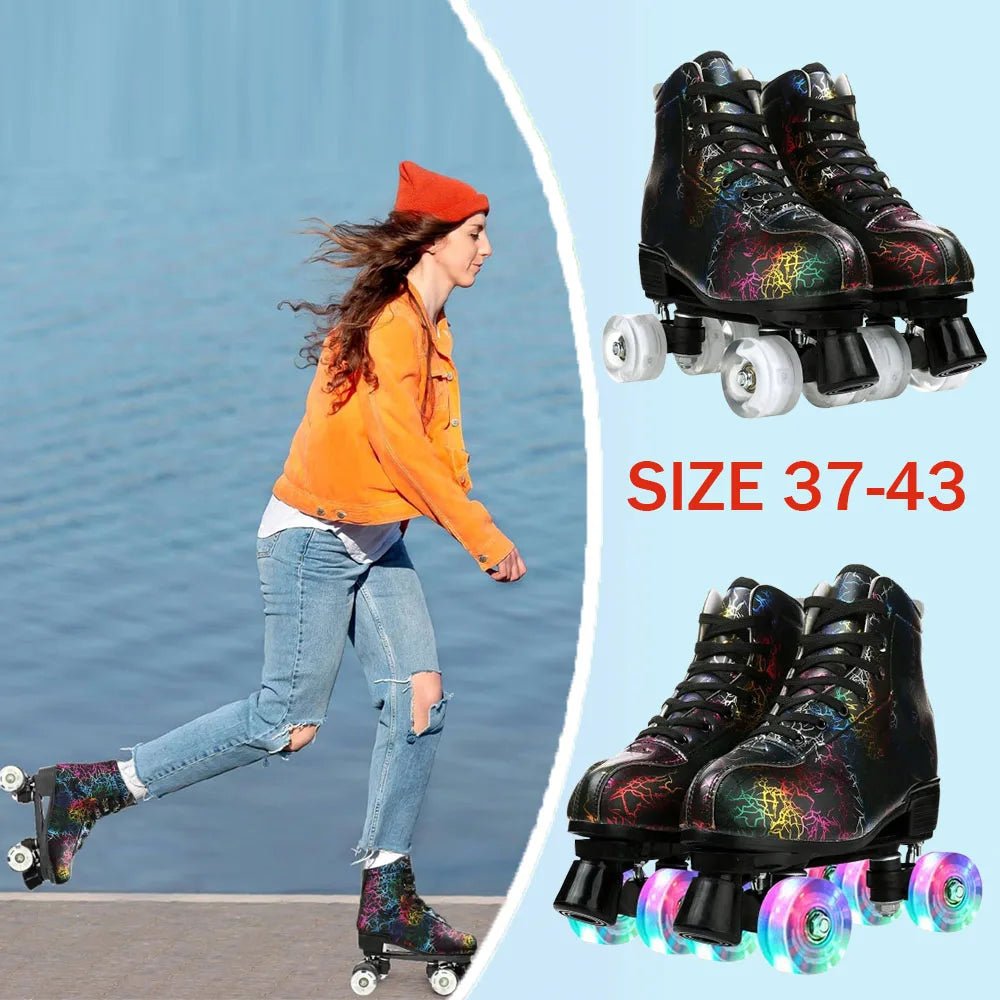 Unisex PU leather zebra print roller skates with flash quad wheels